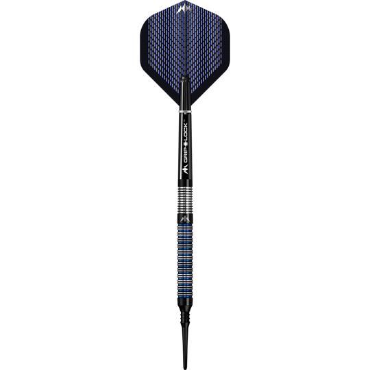 Mission Nightfall Model 1 soft darts Das Bild zeigt einen Softdart namens "Mission Nightfall Model 1". Der Dart hat schwarze und blaue Akzente sowie eine strukturierte Griffzone.