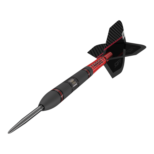 Target Scope 02 Swiss Point steel darts Das Bild zeigt den Target Scope 02 Swiss Point Steeldart. Der Dartpfeil hat ein schwarzes und rotes Design mit einer metallischen Spitze und schwarzen Flights.