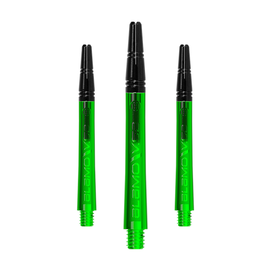 Harrows Alamo VS2 Shafts - Green Auf dem Bild sind drei grüne Dartschäfte mit schwarzem oberen Teil zu sehen. Sie sind gleich groß und haben auf der Seite die Aufschrift "ALAMO VS2".
