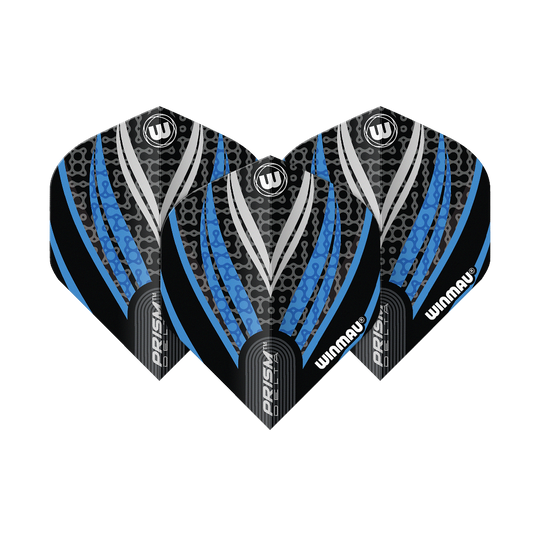 Winmau Prism Delta Black White Blue No. 2 Standard Flights Das Bild zeigt drei Dart-Flights des Modells "Winmau Prism Delta" in Schwarz, Weiß und Blau. Die Flights haben ein modernes, gemustertes Design mit den Markenaufschriften "Winmau" und "Prism Delta".