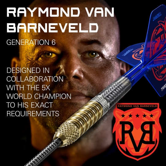 Target Raymond Van Barneveld GEN6 Swiss Point steel darts Das Foto präsentiert die Target Raymond Van Barneveld GEN6 Swiss Point Steeldarts. Das Design der Darts ist modern und von Raymond Van Barneveld inspiriert.