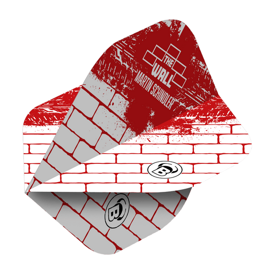 Das Bild zeigt ein Dartflight im roten und weißen Ziegelstein-Design mit der Aufschrift "The Wall Martin Schindler". Das Produkt ist ein Bulls Metrixx Martin Schindler White Red No2 Standard Flight.