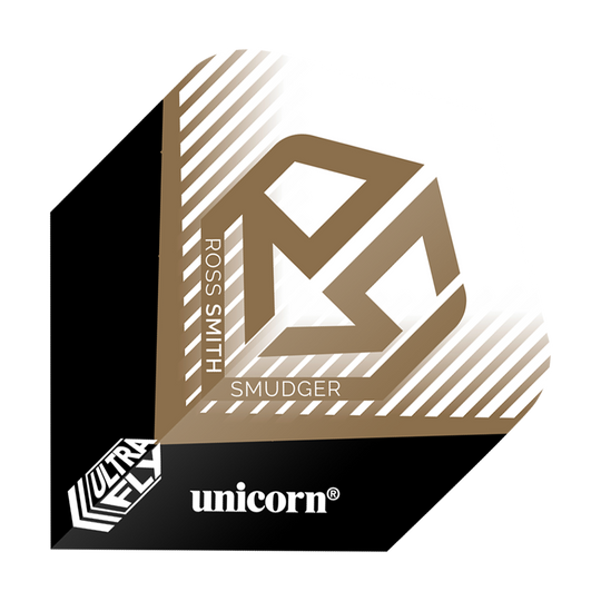 Das Bild zeigt ein Dartflight mit dem Namen "Unicorn Ultrafly 100 Ross Smith Plus Flights". Es ist in Schwarz, Weiß und Gold gestaltet und trägt den Namen "Ross Smith" sowie das Logo "Unicorn".
