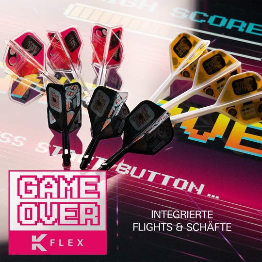 Das Bild zeigt die Target K-Flex Game Over No2 Standard Flights. Die Flights sind ideal für den Dartsport.