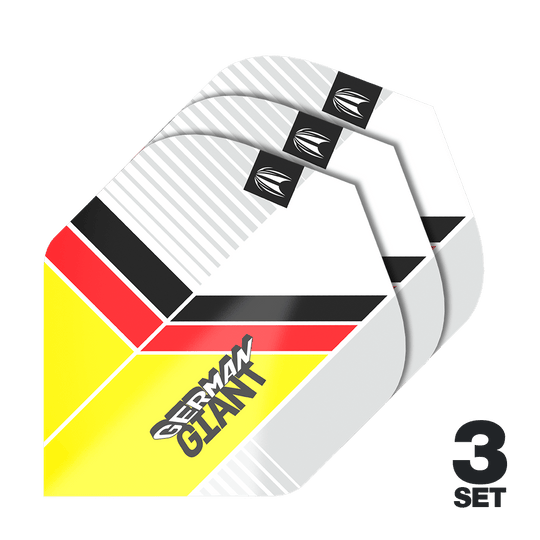 Das Bild zeigt drei Sätze der "Target Pro Ultra Gabriel Clemens No2 Standard Flights". Die Flights sind im Design der deutschen Flagge gehalten und tragen den Schriftzug "German Giant".