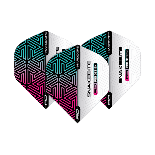 TF6842_Red_Dragon_Hardcore_Peter_Wright_Snakebite_White_Rainbow_Standard_Flights_1DbgsDrpRQFCUT Auf dem Bild sind die Red Dragon Hardcore Peter Wright Snakebite White Rainbow Standard Flights zu sehen. Sie haben ein auffälliges Design in Weiß mit bunten, geometrischen Mustern in Pink, Blau und Schwarz.