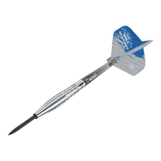 Bulls Martin Schindler Original Generation 2 steel darts Das Bild zeigt einen Bulls Martin Schindler Original Generation 2 Steeldartpfeil. Der Dartpfeil hat einen silbernen, geriffelten Schaft und ein blau-graues Flight mit Aufdruck.