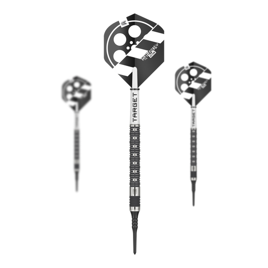 Target Chris Dobey Hollywood Action Softdarts - 20g Das Bild zeigt drei Softdarts des Produkts "Target Chris Dobey Hollywood Action Softdarts - 20g". Die Flights der Darts sind mit einem schwarz-weißen Hollywood-Design verziert.