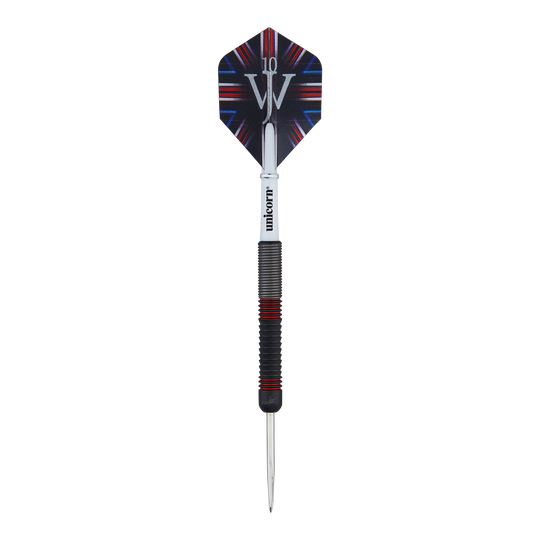 Das Bild zeigt einen Steeldart-Pfeil des Modells "Unicorn The Machine James Wade 80%". Der Dart hat einen schwarzen Schaft mit roten Akzenten und eine Flights mit dem Aufdruck "JW".