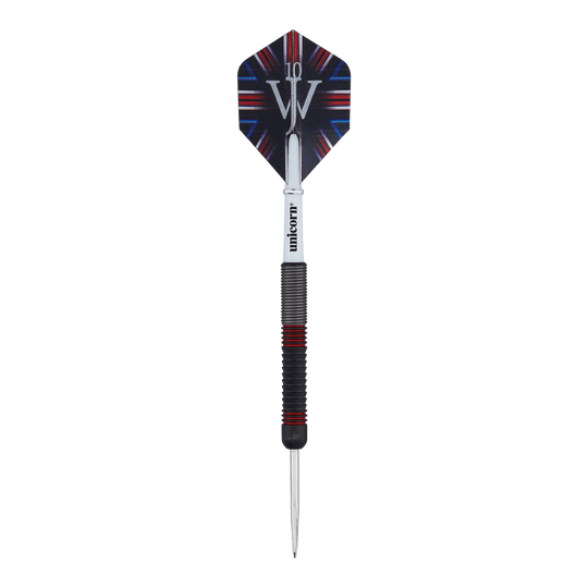 Unicorn The Machine James Wade 80% steel darts Das Bild zeigt einen Steeldart-Pfeil des Modells "Unicorn The Machine James Wade 80%". Der Dart hat einen schwarzen Schaft mit roten Akzenten und eine Flights mit dem Aufdruck "JW".