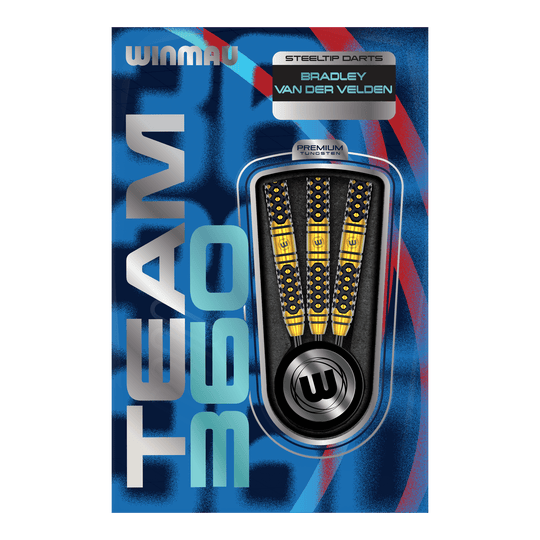 Abgebildet sind die Winmau Team 360 Bradley Van Der Velden Steeldarts - 22g. Das Foto hebt die Form und Verarbeitung der Darts hervor.