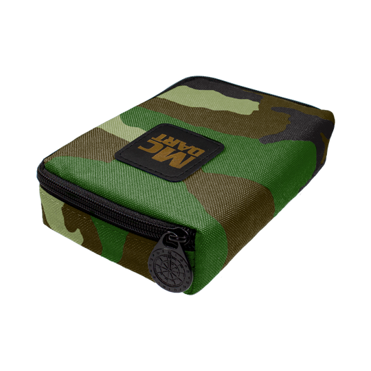 716_McDart_Tasche_Klein_Camo_2 Dies ist eine kleine Tasche mit Camouflage-Muster von McDart. Sie hat einen schwarzen Reißverschluss und ein McDart-Logo auf der Oberseite.