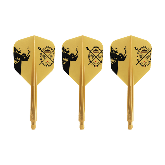 Condor AXE Devon Petersen Inspiration Flight-System - Small Das Bild zeigt drei gelbe Dart-Flights mit schwarzem Motiv und Aufdruck. Es handelt sich um das Produkt "Condor AXE Devon Petersen Inspiration Flight-System - Small".