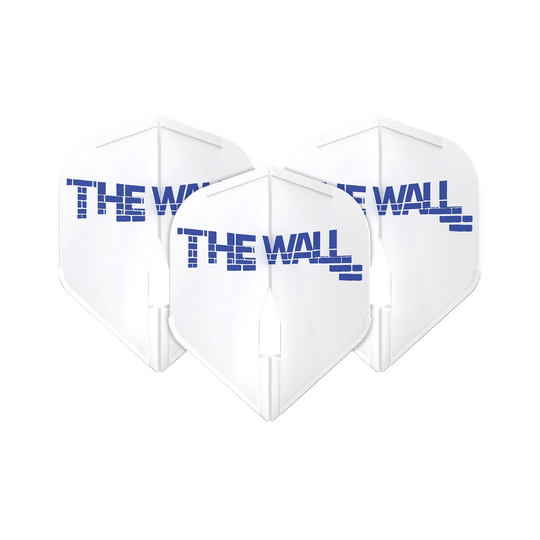Das Bild zeigt drei weiße Dartflights mit der Aufschrift "THE WALL" in blauer Schrift. Die Flights sind das Modell "L-Style Martin Schindler Weiß L1PRO".