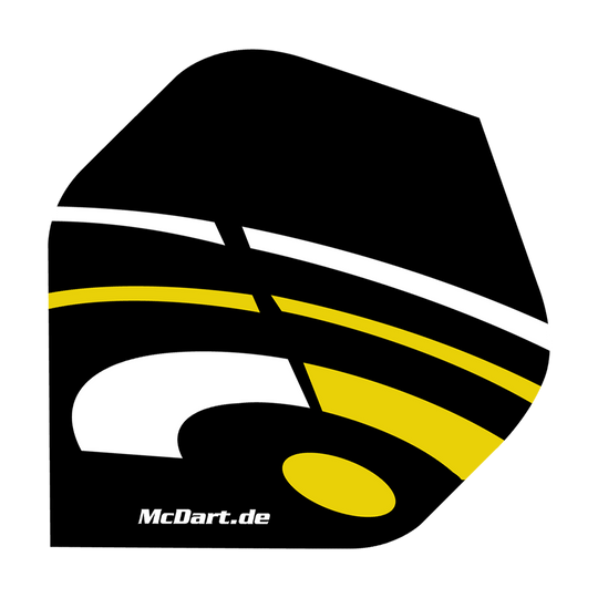 McDart ID Standard Flights - Yellow Das Bild zeigt ein McDart ID Standard Flight in den Farben Schwarz, Gelb und Weiß. Auf dem Flight ist auch die Webseite "McDart.de" aufgedruckt.
