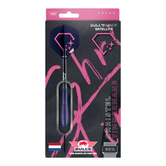 Bulls NL Christel Timmermans Satellite 90 steel darts 25g Die Bulls NL Christel Timmermans Satellite 90 Steeldarts 25g sind auf dem Bild abgebildet. Es handelt sich um hochwertige Steeldarts für Präzision und Leistung.