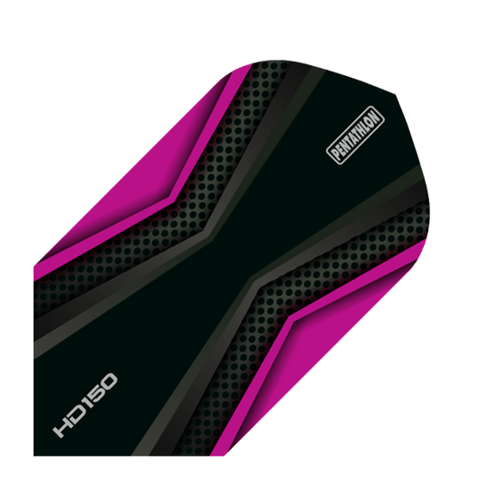HD-38-HD150-Pentathlon-Magenta-Black-Flights Das Bild zeigt das Produkt "HD 150 Pentathlon Flights Black/Magenta Slim". Es ist ein schlanker Dartflight in Schwarz mit magentafarbenen Akzenten und dem Aufdruck "PENTATHLON" sowie "HD150".
