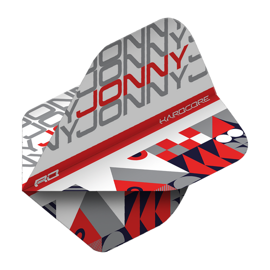 Das Bild zeigt ein Dartflight mit dem Aufdruck "JONNY" in grauen und roten Buchstaben. Das Design ist modern und besteht aus weißen, grauen, roten und dunkelblauen geometrischen Mustern.