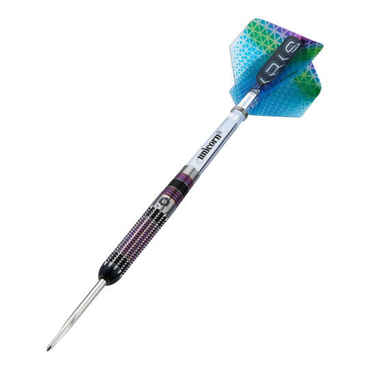 Unicorn Iris Steeldarts Dies ist ein Unicorn Iris Steeldart mit einer farbigen Spitze und einem strukturierten Griff. Die Flights haben ein buntes, geometrisches Muster in Blau und Grün.