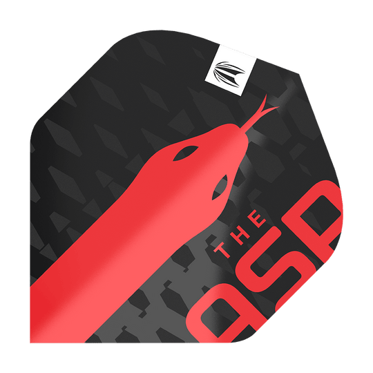 Das Bild zeigt ein Dartflight-Design mit einem roten Schlangenmotiv auf schwarzem Hintergrund. In einer Ecke steht der Text "THE ASP" in roten Buchstaben.