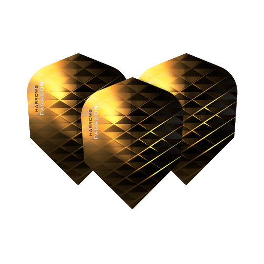 Das Bild zeigt drei Dart-Flights mit einem gold-schwarzen, rautenförmigen Muster. Auf den Flights steht der Produktname "Harrows Paragon Gold No2 Standard".