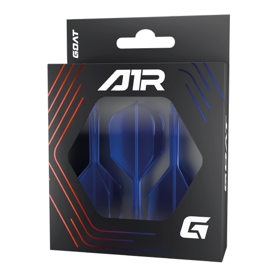 GOAT A1R No6 Flight Shaft System - Blue Die Abbildung zeigt das Produkt "GOAT A1R No6 Flight-Shaft-System - Blau" in seiner Verpackung. Im Inneren sind blaue Dart-Flights und -Schäfte sichtbar.
