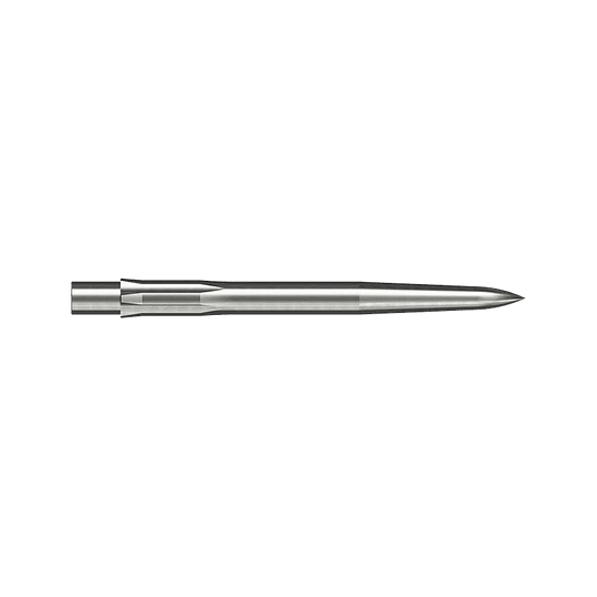 Caliburn System Steel Dart Tips - Smooth - Silver Auf dem Bild ist eine glatte, silberne Stahlspitze für ein Dart zu sehen. Sie ist lang und schmal und misst 28 mm.