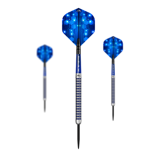 Hier ist das Set Mission ION Blue Silver Steeldarts dargestellt. Es handelt sich um hochwertige Steeldarts in Blau und Silber.