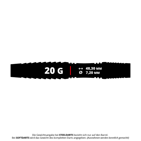 Red Dragon Seren 3 Pure Softdarts - 20g Das Bild zeigt den Red Dragon Seren 3 Pure Softdart mit einem Gewicht von 20 Gramm. Die Länge beträgt 48,30 mm und der Durchmesser 7,20 mm.