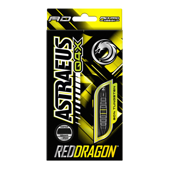Red Dragon Astraeus Q4X Torpedo Soft Darts - 20g Die Verpackung zeigt die "Red Dragon Astraeus Q4X Torpedo Softdarts" mit einem Gewicht von 20g. Das Design ist in Schwarz und Gelb gehalten und hebt hervor, dass die Darts aus 90% Tungsten bestehen.