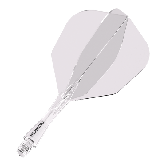 Das Bild zeigt das Produkt "Winmau Fusion Flight-Shaft-System No6 Clear". Es handelt sich um ein durchsichtiges Flight- und Schaftsystem für Dartpfeile.