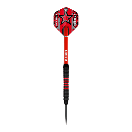 Winmau Joe Cullen Brass Steeldarts - 20g Das Bild zeigt einen Winmau Joe Cullen Brass Steeldart mit einem Gewicht von 20g. Der Dart ist überwiegend rot und schwarz gestaltet und trägt die Aufschrift "Rockstar" auf dem Schaft und dem Flight.