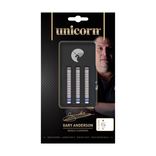 27444_Unicorn_World_Champion_Gary_Anderson_Phase_3_Steeldarts_3 Das Bild zeigt die Verpackung der "Unicorn World Champion Gary Anderson Phase 3 Steeldarts". In der Mitte sind drei Dart-Barrels zu sehen, daneben ist ein Bild von Gary Anderson abgebildet.