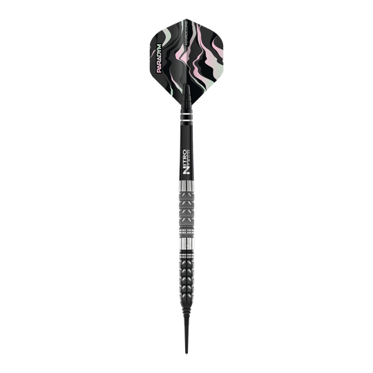 Red Dragon Paradym Tapered Soft Darts - 20g Das Bild zeigt einen Red Dragon Paradym Tapered Softdart mit 20g Gewicht. Der Dart hat ein modernes, schwarzes Design mit Details in Silber und einem gemusterten Flight.