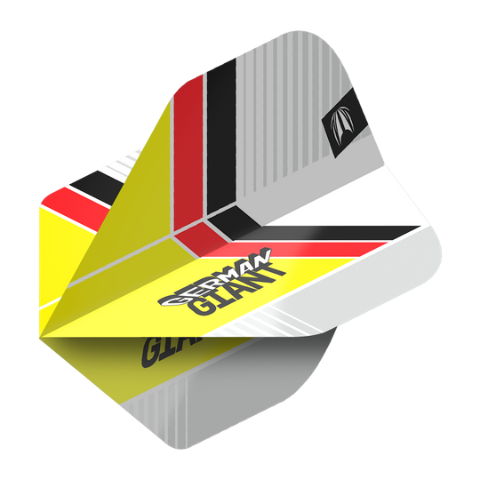 Das Bild zeigt einen Dartflight mit dem Design "German Giant" in gelb, schwarz, rot und weiß. Es handelt sich um das Produkt "Target Pro Ultra Gabriel Clemens No2 Standard Flights - 3 Sets".