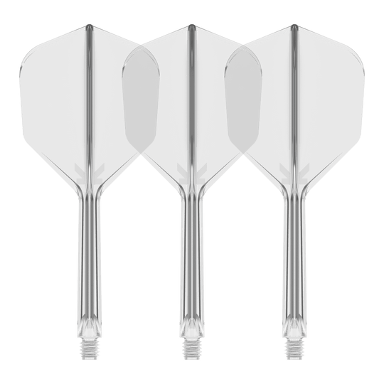 Target K-Flex No6 Flight System - Clear Es ist ein Flight-System abgebildet, vermutlich das Target K-Flex No6 Clear mit 33 mm Länge. Das Bild zeigt ein transparentes Dart-Zubehör.