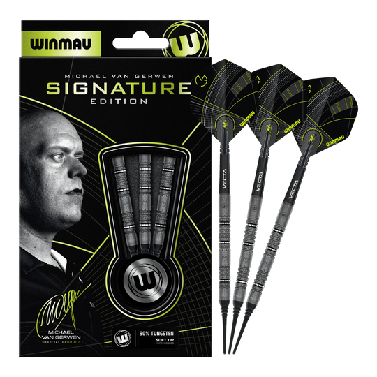Hier sieht man die Winmau Michael Van Gerwen Signature Edition Softdarts mit 20g. Die vollständige Ansicht der Darts ist dargestellt.