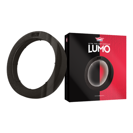 Bulls NL Lumo Light Surround lighting system Das Bild zeigt das Produkt "Bulls NL Lumo Light Surround Beleuchtungssystem". Links ist der Leuchtring selbst zu sehen, rechts die Verpackung mit Produktnamen und Design.