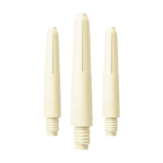 575_Nylon_Shafts_Naturweiss_28mm_1 Das Bild zeigt drei Nylon-Schäfte in Naturweiß. Sie haben ein Schraubgewinde am unteren Ende.
