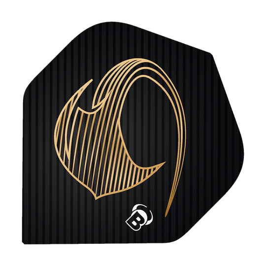Das Bild zeigt ein schwarzes Dart Flight mit einem goldenen, stilisierten Stingray-Design. Unten ist ein kleines weißes "B" Logo abgebildet.