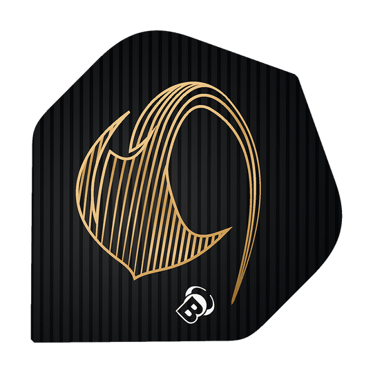 Bulls Metrixx Stingray No2 Standard Flights Das Bild zeigt ein schwarzes Dart Flight mit einem goldenen, stilisierten Stingray-Design. Unten ist ein kleines weißes "B" Logo abgebildet.