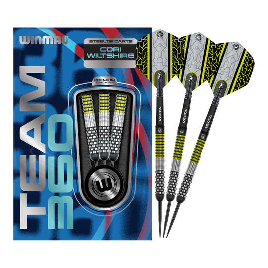 Das Bild zeigt die Winmau Team 360 Cori Wiltshire Steeldarts mit 24 Gramm. Diese hochwertigen Steeldarts sind für professionelle Dartspieler geeignet.