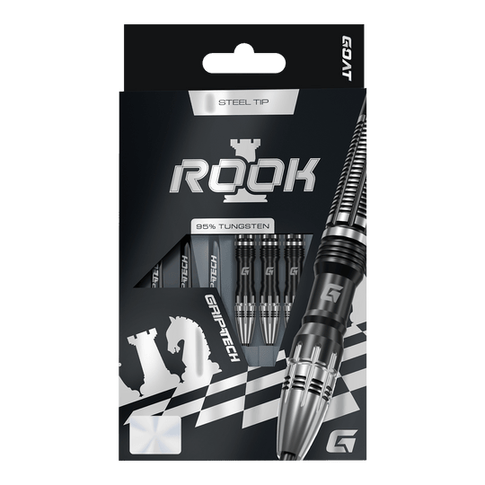 Das Bild zeigt GOAT Rook Steeldarts. Es handelt sich um hochwertige Steeldart-Pfeile.