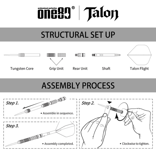 Abgebildet sind die One80 Talon Steeldarts. Diese Darts bieten eine hochwertige Verarbeitung und ein modernes Design.