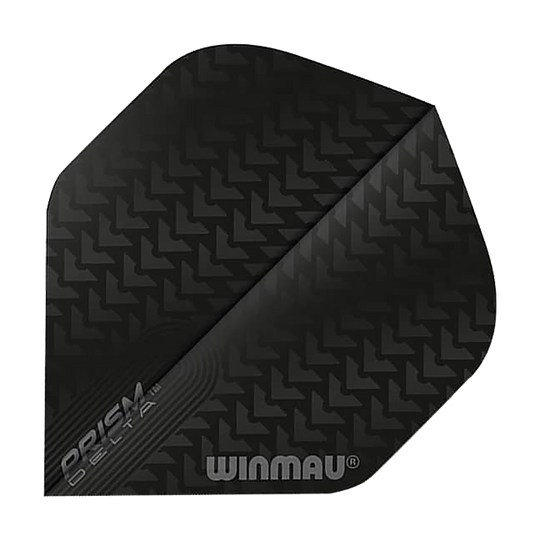 Das Bild zeigt ein Winmau Prism Delta 6915.200 Standard Flight für Dartpfeile. Das Flight ist schwarz mit einem dezenten Muster und den Aufdrucken "Prism Delta" und "Winmau".