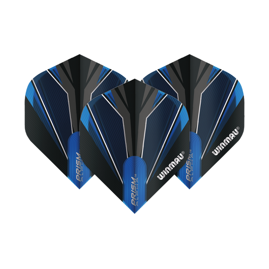 Das Bild zeigt drei Winmau Prism Alpha Blue Standard 2 Flights für Dartpfeile. Sie sind in Schwarz und Blau mit markanten Linien und dem Winmau-Logo gestaltet.