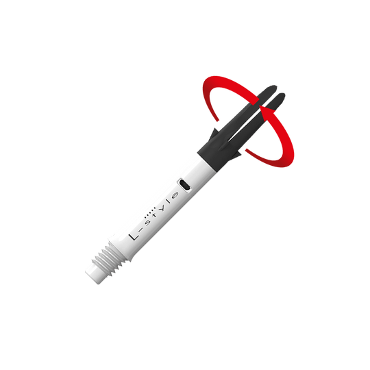 L-L-Style-Shaft Carbon Silent Straight - White Das Bild zeigt einen weißen und schwarzen Dartshaft mit der Aufschrift "L-style". Ein roter Pfeil deutet auf eine Drehbewegung an der oberen schwarzen Spitze des Schafts hin.