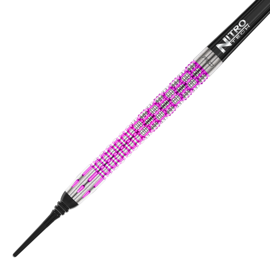 Red Dragon Tyrian Soft Darts - 22g Das Bild zeigt einen Red Dragon Tyrian Softdart mit einem Gewicht von 22g. Der Dart hat ein auffälliges Muster in Silber und Pink am Griff.