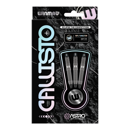 Winmau Callisto 03 soft darts - 20g Die Abbildung zeigt die Verpackung der Winmau Callisto 03 Softdarts mit einem Gewicht von 20 g. In der Schachtel sind drei schwarze Darts mit 90 % Tungsten und Softtip sichtbar.