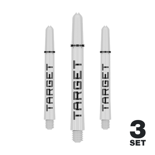 Das Bild zeigt drei weiße Dartschäfte mit der Aufschrift "TARGET". In der rechten unteren Ecke steht "3 SET".